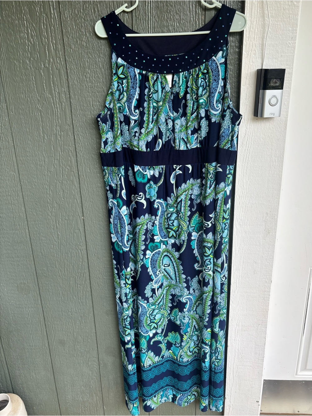 Catherines Blue Paisley Sleeveless Maxi Dress with Beaded Neckline